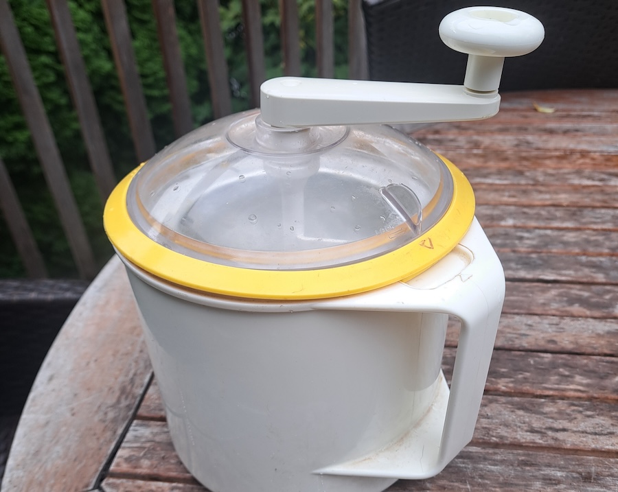 Beige plastic Donvier hand-cranked ice-cream machine